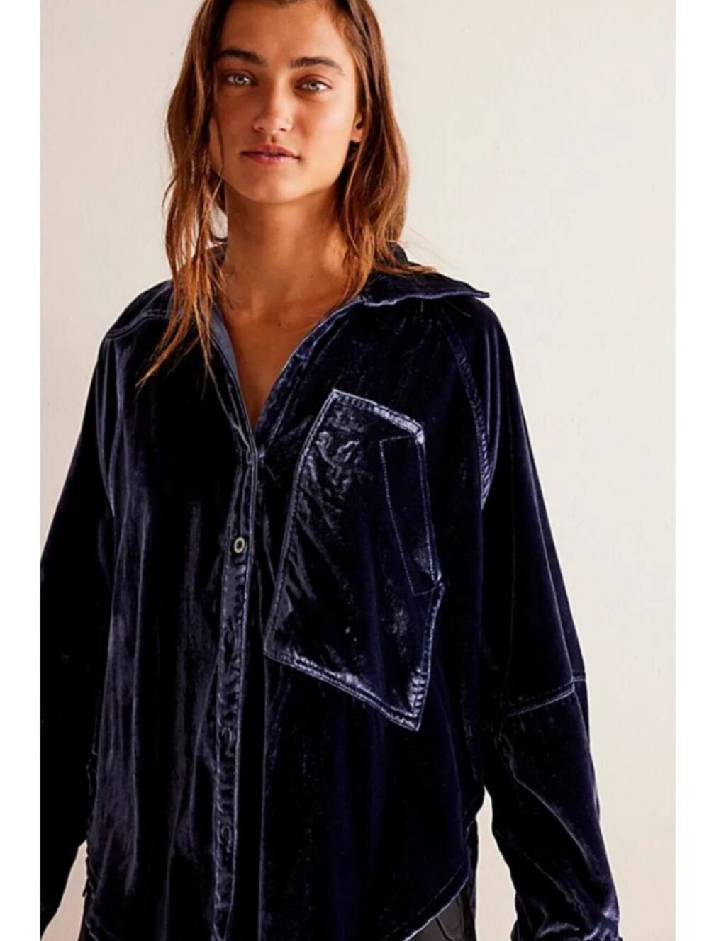 We The Free Night Skies Velvet Oversized Button Down Top Midnight Navy XS